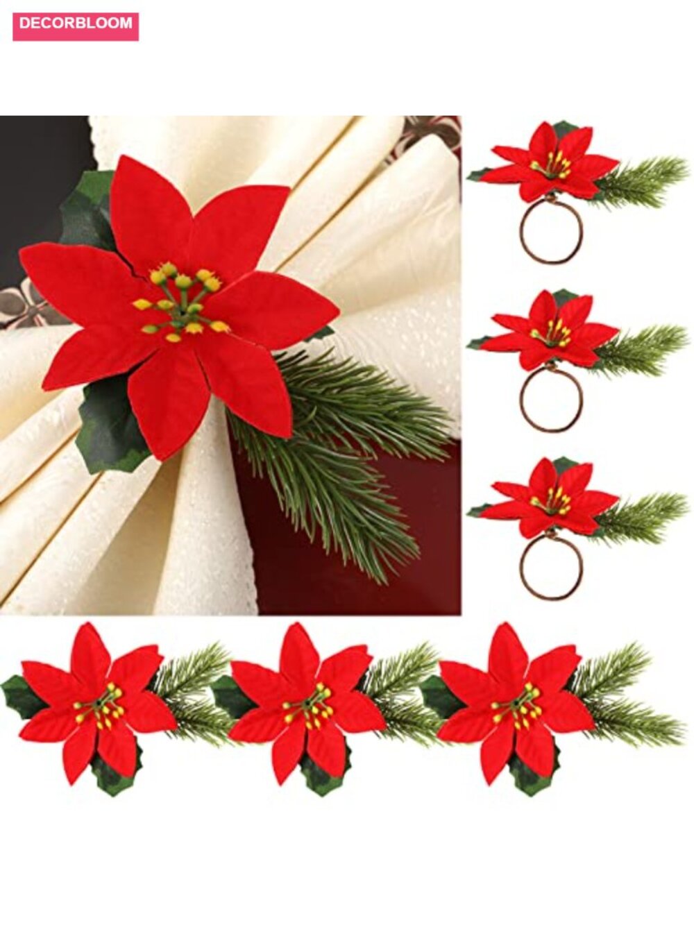 Set of 6 Christmas Napkin Rings Pine Cone Berry Poinsettia Rustic Holiday Table